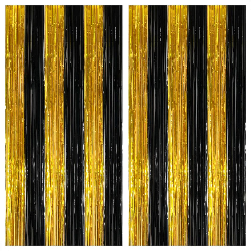 KatchOn, Xtralarge Black and Gold Streamers - 3.2x8 Ft, Pack of 2 | Gold and Black Foil Fringe Curtains for Birthday, Anniversary, Enegagment, Bachelorette Party Decorations | Halloween Decorations
