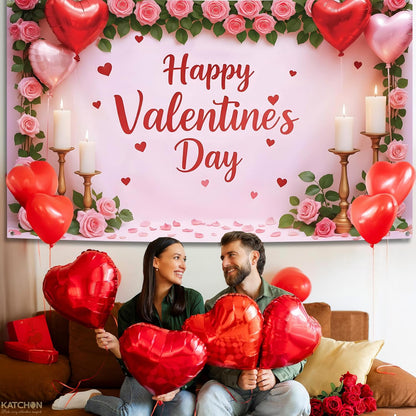 KatchOn, Happy Valentines Day Backdrop - XtraLarge, 72x44 Inch | Pink and Red Valentines Backdrop for Valentines Day Decorations | Happy Valentines Day Sign | Valentines Day Banner, Valentines Décor