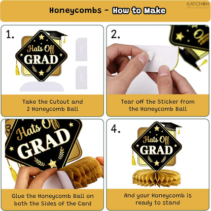 KatchOn, Black and Gold Graduation Centerpieces 2026 - Pack of 12 | Congrats Grad Honeycomb Centerpieces | Graduation Centerpieces For Tables 2026 | 2026 Graduation Decorations, Graduation Party Decor