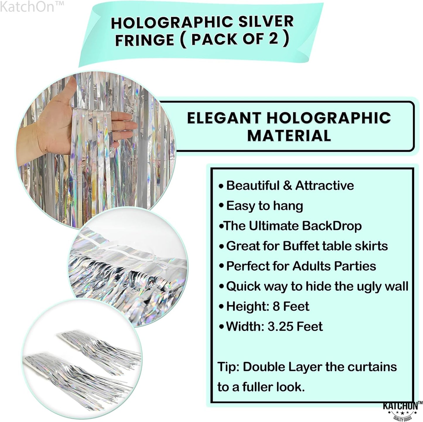 KatchOn, Holographic Silver Streamer Backdrop - XtraLarge 6.4x8 Feet, Pack of 2 | Silver Fringe Backdrop for Silver Streamers Party Decorations | Silver Tinsel Backdrop for Disco Party Decorations