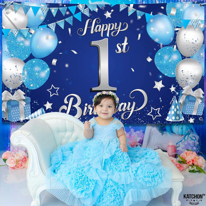 KatchOn, Happy 1st Birthday Banner - 72x44 Inch, Xtralarge | Blue and Silver First Birthday Backdrop for first Birthday Decorations for Boys | Happy Birthday Banner, 1st Birthday Decorations
