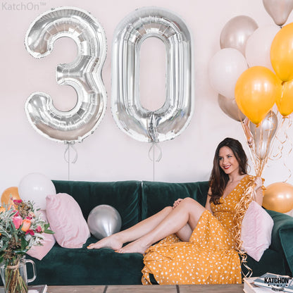 KatchOn, Silver 30 Balloon Numbers - 40 Inch | 30 Number Balloons | 30th Birthday Decorations for Her, Him | 30th Anniversary Decorations | Silver Birthday Decorations
