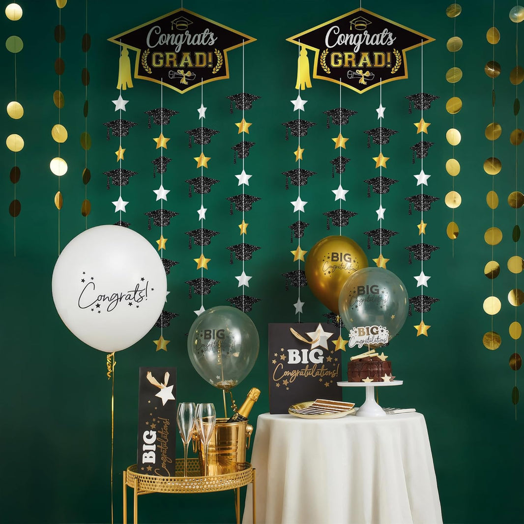 KatchOn, Black and Gold Graduation Cap Garland - Pack of 2, No DIY | Congrats Grad Garlands for Grad Cap Decorations | Grad Party Decorations 2026 | Graduation Decorations 2026