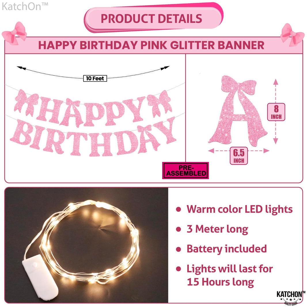 KatchOn, Pink Glitter Happy Birthday Banner with Lights - No DIY, 10 Feet | Happy Birthday Bow Banner | Birthday Decorations for Women, Girls | Pink Bow Birthday Decorations