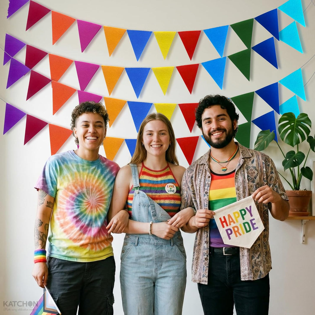 KatchOn, Felt Pennant Banner Flags - 8.2 Ft, 6 Strings | Multicolor Pride Flag Banner Garland Pride Decorations Fiesta Party Decorations Colorful Pennant Banner for Rainbow Decor