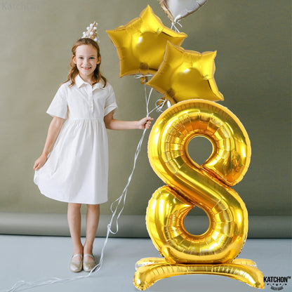 KatchOn, Gold Self Standing Number 8 Balloon - 40 Inch | 8th Birthday Balloon for 8th Birthday Decorations Boy | Golden 8 Year Old Girl Birthday Decorations | Gold 8 Number Anniversary