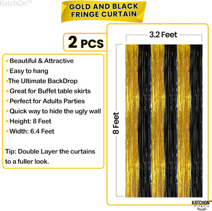 KatchOn, Xtralarge Black and Gold Streamers - 3.2x8 Ft, Pack of 2 | Gold and Black Foil Fringe Curtains for Birthday, Anniversary, Enegagment, Bachelorette Party Decorations | Halloween Decorations