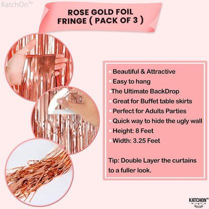 KatchOn, Rose Gold Fringe Curtain - XtraLarge 9.6x8 Feet, Pack of 3 | Rose Gold Backdrop for Birthday Party | Rose Gold Party Decorations | Rose Gold Tinsel Backdrop for Bachelorette Party Decorations