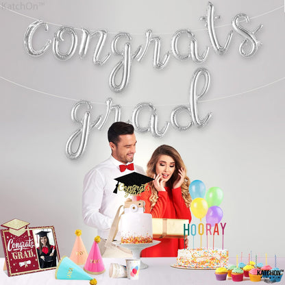 Graduation Decorations 2026 | Silver Congrats Grad Balloons Banner - Script, 16 Inch | Congrats Grad Balloon | Graduation Balloons for Congrats Grad Decorations, KatchOn