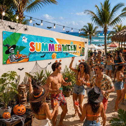 KatchOn 8.2×1.4 Ft Summerween Banner, Summerween Party Decorations | Summerween Pool Party, Summerween Backdrop, Summer Party Decor, Hello Summer