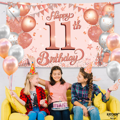 KatchOn, Rose Gold Happy 11th Birthday Banner - Large, 72 x 44 Inch | Rose Gold Happy 11th Birthday Backdrop for Girls | Happy 11th Birthday Decorations for Girls | 11 Year Old Birthday Decorations