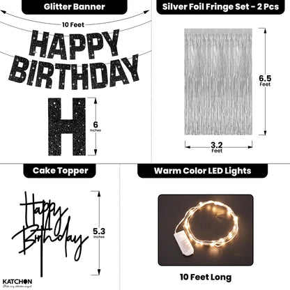 KatchOn, Black and Silver Birthday Decorations Set - Pack of 5 | Glitter Happy Birthday Banner, Silver Backdrop, Led Light, Cake Topper | Happy Birthday Decorations for Men | Halloween Decorations