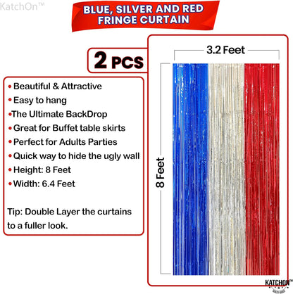 KatchOn, Red White and Blue Streamers - XtraLarge, 8x6.4 Feet, Pack of 2 | Red White and Blue Decorations | French Decorations | Red White and Blue Fringe Curtain for White Trash Party Decorations