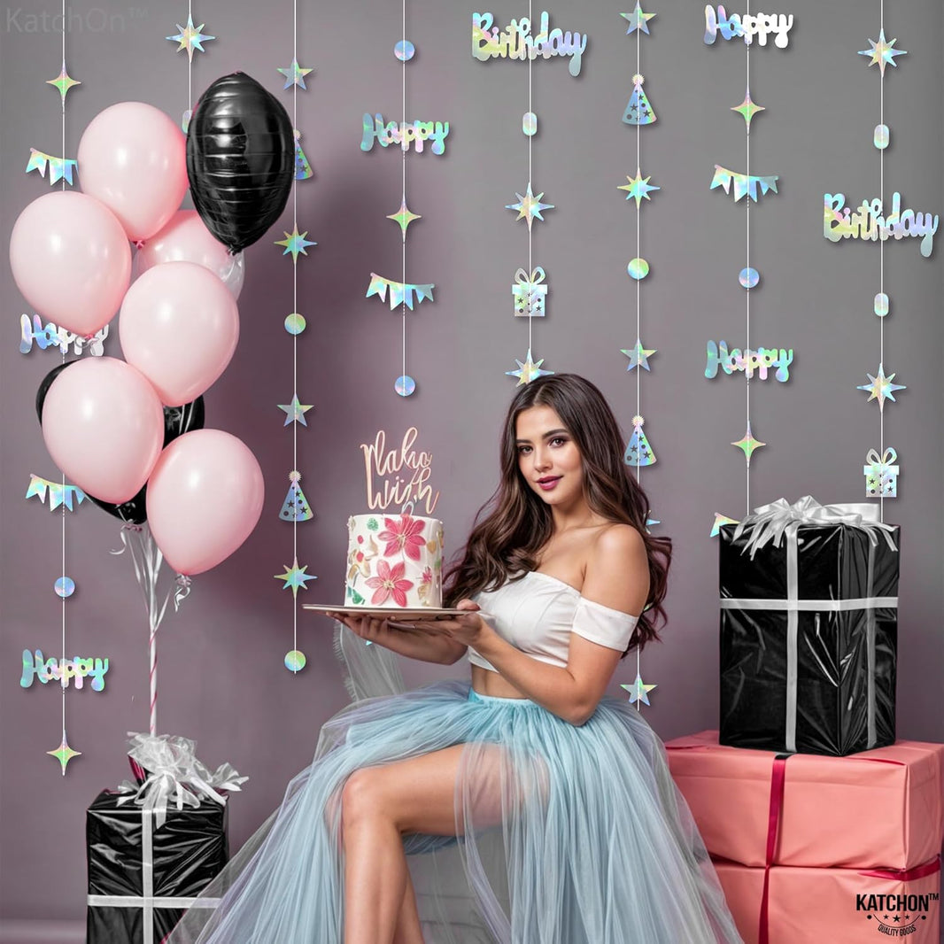 KatchOn, Iridescent Happy Birthday Garland Banner - 6.5 Feet, Pack of 8 | Silver Hanging Garland For Happy Birthday Decorations | Disco Theme Party Decorations | No DIY