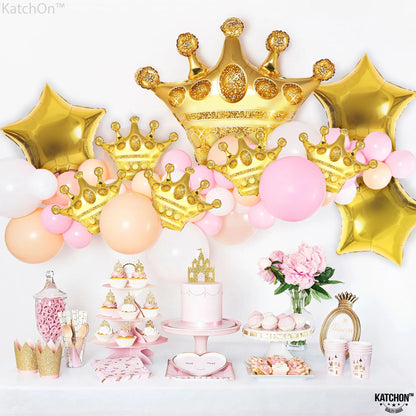 Katchon, Large Gold Crown Balloons And Gold Star Balloons - 28 Inch, Pack Of 14 | gold Party Decorations For Royal Birthday Party Decorations | Royalty Baby Shower | Crown Queen party decorations