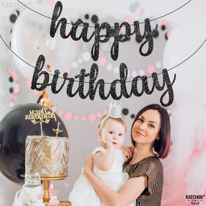 KatchOn Glitter Black Happy Birthday Banner - 10 Feet, NO DIY | Black Birthday Banner | Black Birthday Decorations | Happy Birthday Black Banner, Black Happy Birthday Sign | Happy Birthday Decorations