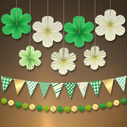 KatchOn, St Patricks Day Hanging Decorations Set - Pack of 9 | 13 Feet, St Patricks Day Garland, Shamrock Paper Fan for St Patricks Day Decorations | Shamrock Garland for Shamrock Decorations