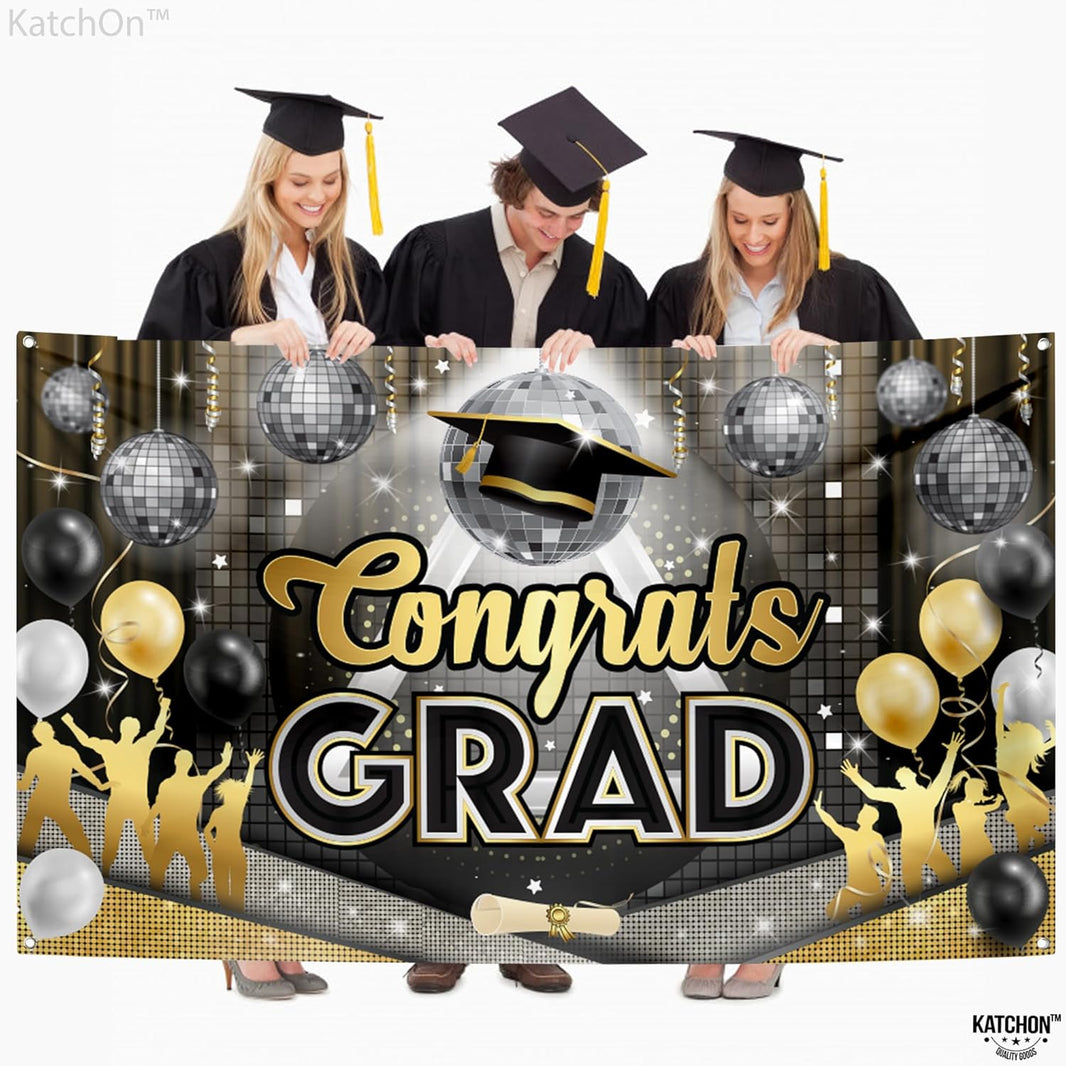 KatchOn, XtraLarge Congrats Grad Banner - 72x44 Inch | Graduation Backdrop Class of 2026 for Black and Gold Graduation Decorations 2026 | Disco Grad Banner