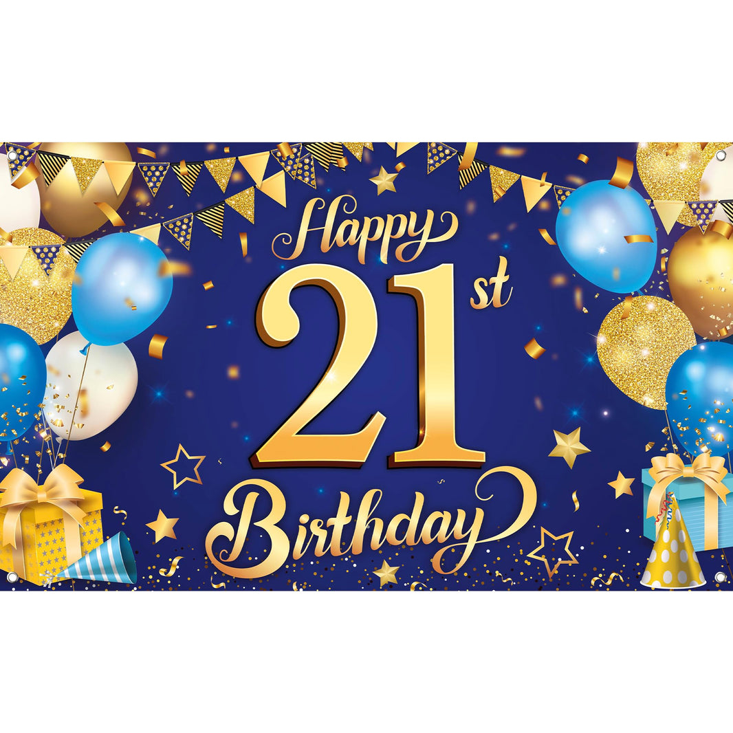 KatchOn, Blue and Gold Happy 21st Birthday Banner - XtraLarge, 72x44 Inch | Blue and Gold Backcrop Banner for 21st Happy Birthday Decorations  | 21 Party Decorations for Girl