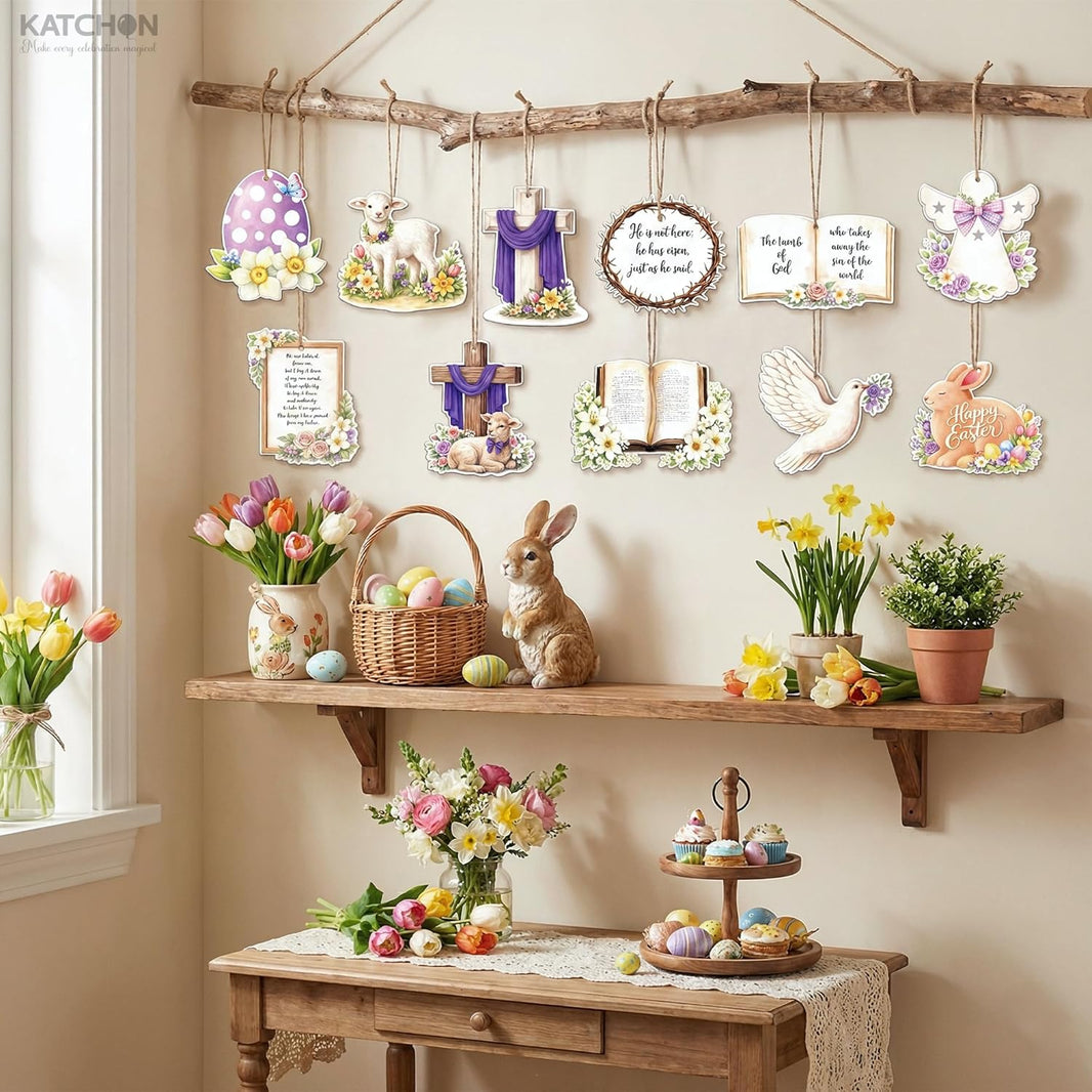 katchon wooden easter hanging decorations pack of 24 little diy easter ornaments set religious easter decorations for home he is risen decor happy easter sign religious decor for home