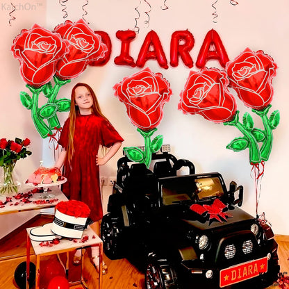 Katchon, Giant Red Rose Balloons - 37 Inch, Pack of 6 | Rose Foil Balloons, Flower Shaped Balloons | Rose Shaped Balloons for Valentines Day Party Decorations | Roses Balloons, Valentines Day Balloons