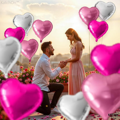 KatchOn, Silver and Pink Heart Balloons- 18 Inch, Pack of 12 | Heart Shaped Balloon for Valentines Day Decorations | Galentines Balloons for Galentines Day Decorations | Happy Valentines Day Balloon