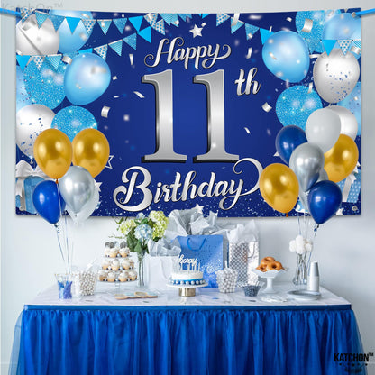 KatchOn, Blue and Silver 11th Happy Birthday Banner - Large, 72x44 Inch | 11th Backdrop Banner for Happy Birthday Decorations | Party Decorations for Boys, 11 Birthday Decorations for Boys