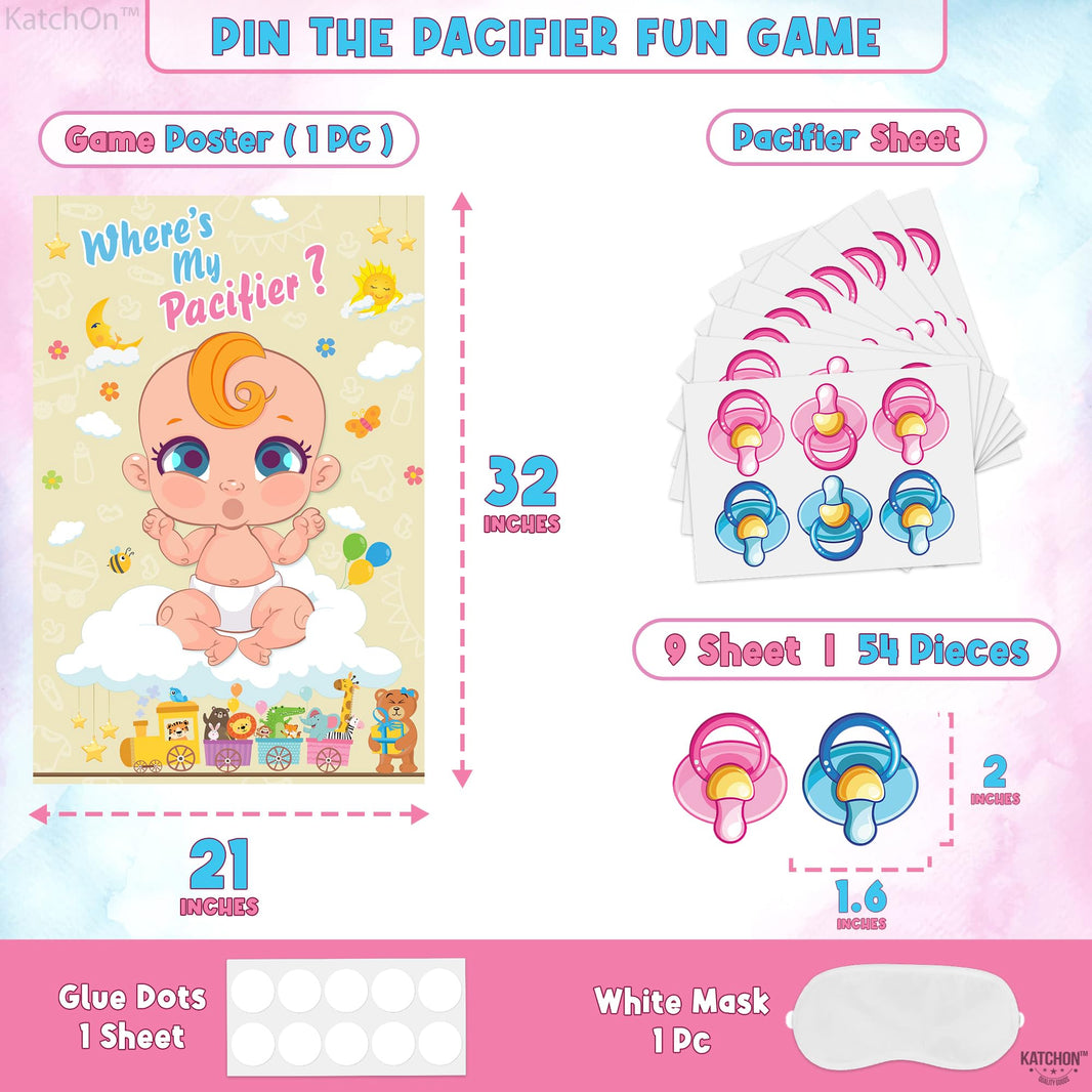 KatchOn, Pin the Pacifier Baby Shower Game Poster - 32x21 Inch, Pack of 54 | Where is My Pacifier Poster, Baby Shower Decorations | Pacifier Stickers for Gender Reveal | Gender Reveal Games for Guests
