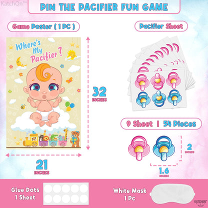 KatchOn, Pin the Pacifier Baby Shower Game Poster - 32x21 Inch, Pack of 54 | Where is My Pacifier Poster, Baby Shower Decorations | Pacifier Stickers for Gender Reveal | Gender Reveal Games for Guests