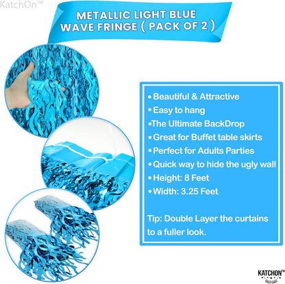 KatchOn, XtraLarge, Wavy Blue Foil Fringe Curtain - 3.2x6.4 Feet, Pack of 2 | Blue Water Streamer Backdrop for Beach Party Decorations | Under The Sea Party Decorations | Summer Decorations for Party