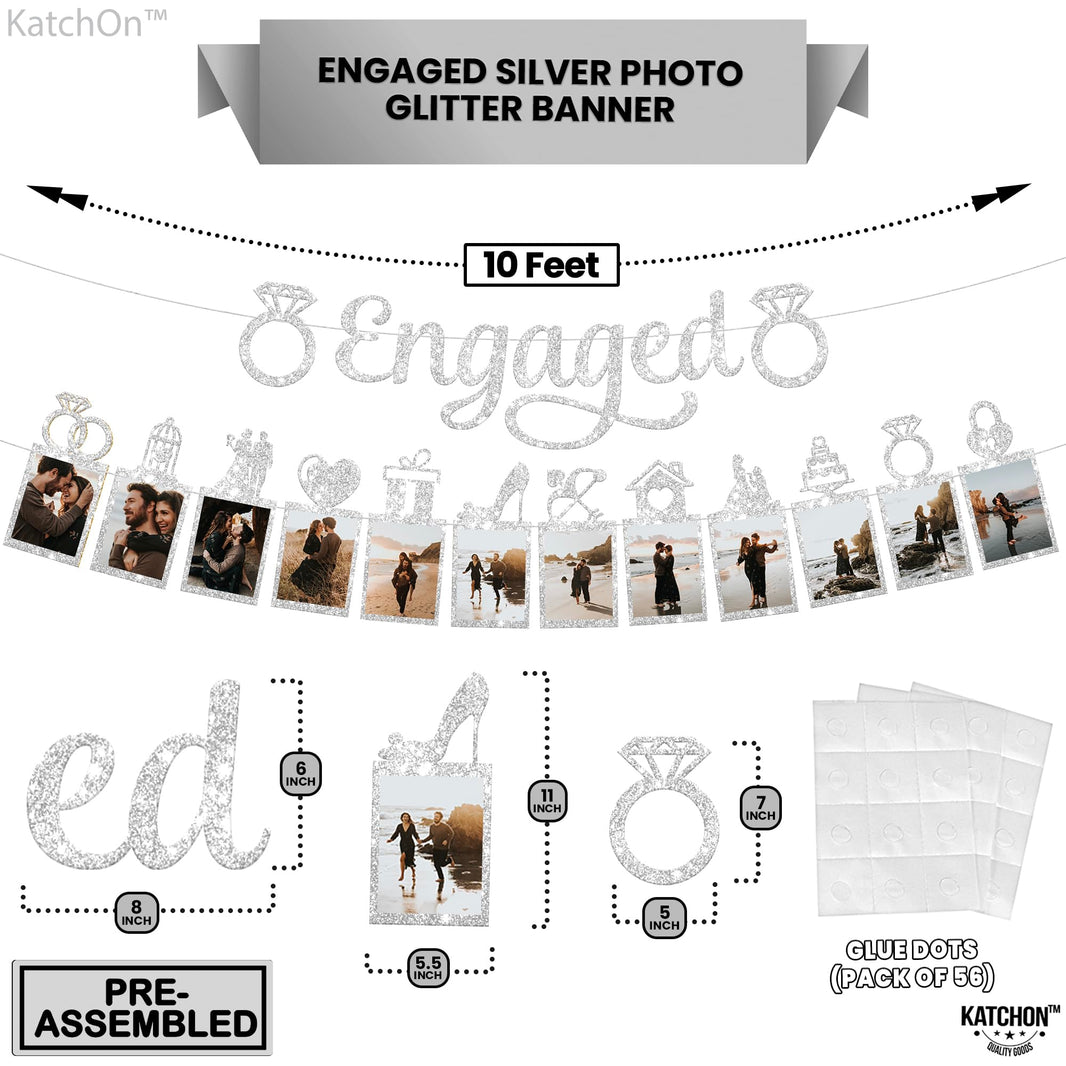 KatchOn, Silver Glitter Engaged Photo Banner - 2 String, 10 Feet, No DIY | Silver Engagement Party Decorations | Engagement Photo Banner for Bachelorette Party Decorations | She Said Yes Decorations
