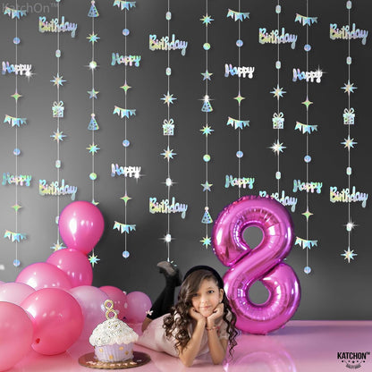 KatchOn, Iridescent Happy Birthday Garland Banner - 6.5 Feet, Pack of 8 | Silver Hanging Garland For Happy Birthday Decorations | Disco Theme Party Decorations | No DIY