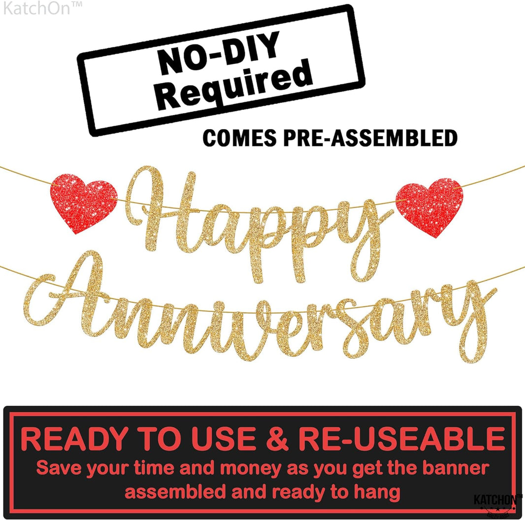 KatchOn, Glitter Happy Anniversary Banner Gold - No DIY, 2 String, 10 Feet | Happy Anniversary Decorations for Party | Wedding Anniversary Decorations | Happy Anniversary Sign for Romantic Decorations