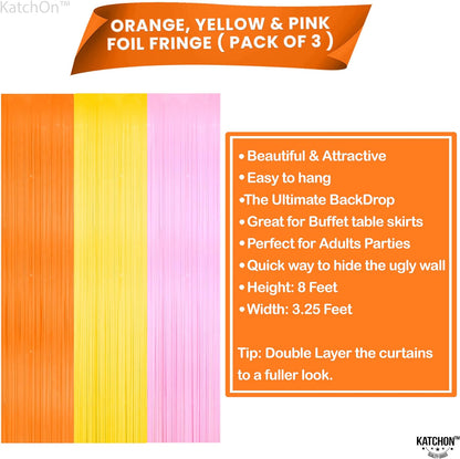 Katchon Orange Pink and Yellow Fringe Backdrop - 9.75x8 Feet, Pack of 3 Easter Streamers | Groovy Backdrop, Groovy Party Decorations | Easter Backdrops for Photography | Two Groovy Decorations Girl