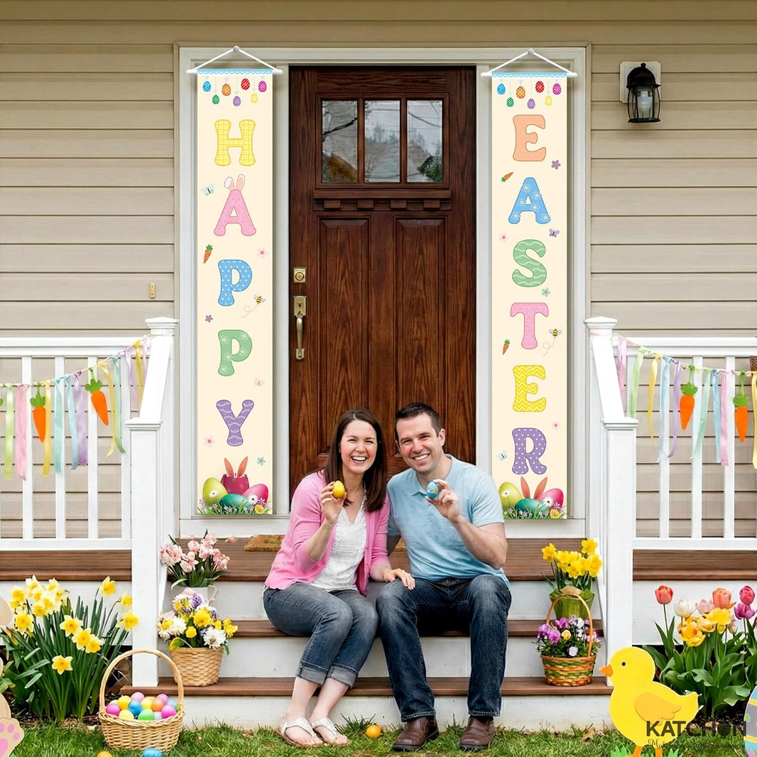 katchon happy easter door banner 120x20 inch happy easter banner easter decorations outdoor easter egg banner easter decor for home outdoor easter porch banner