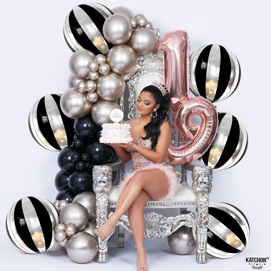 Big, 22 Inch Black and Silver Balloons - Pack of 6, Black and Silver Party Decorations | 360 Degree 4D Stripe Black Silver Balloons | Silver and Black Balloons for Black and White Party Decorations