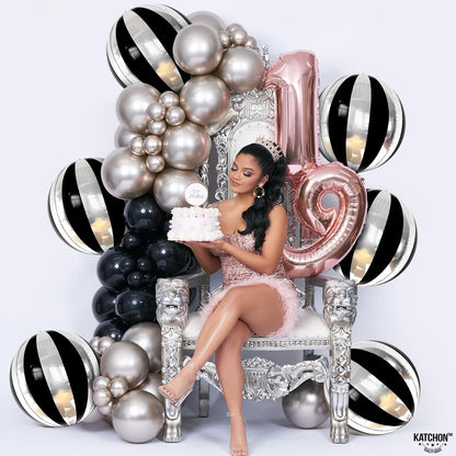 Big, 22 Inch Black and Silver Balloons - Pack of 6, Black and Silver Party Decorations | 360 Degree 4D Stripe Black Silver Balloons | Silver and Black Balloons for Black and White Party Decorations