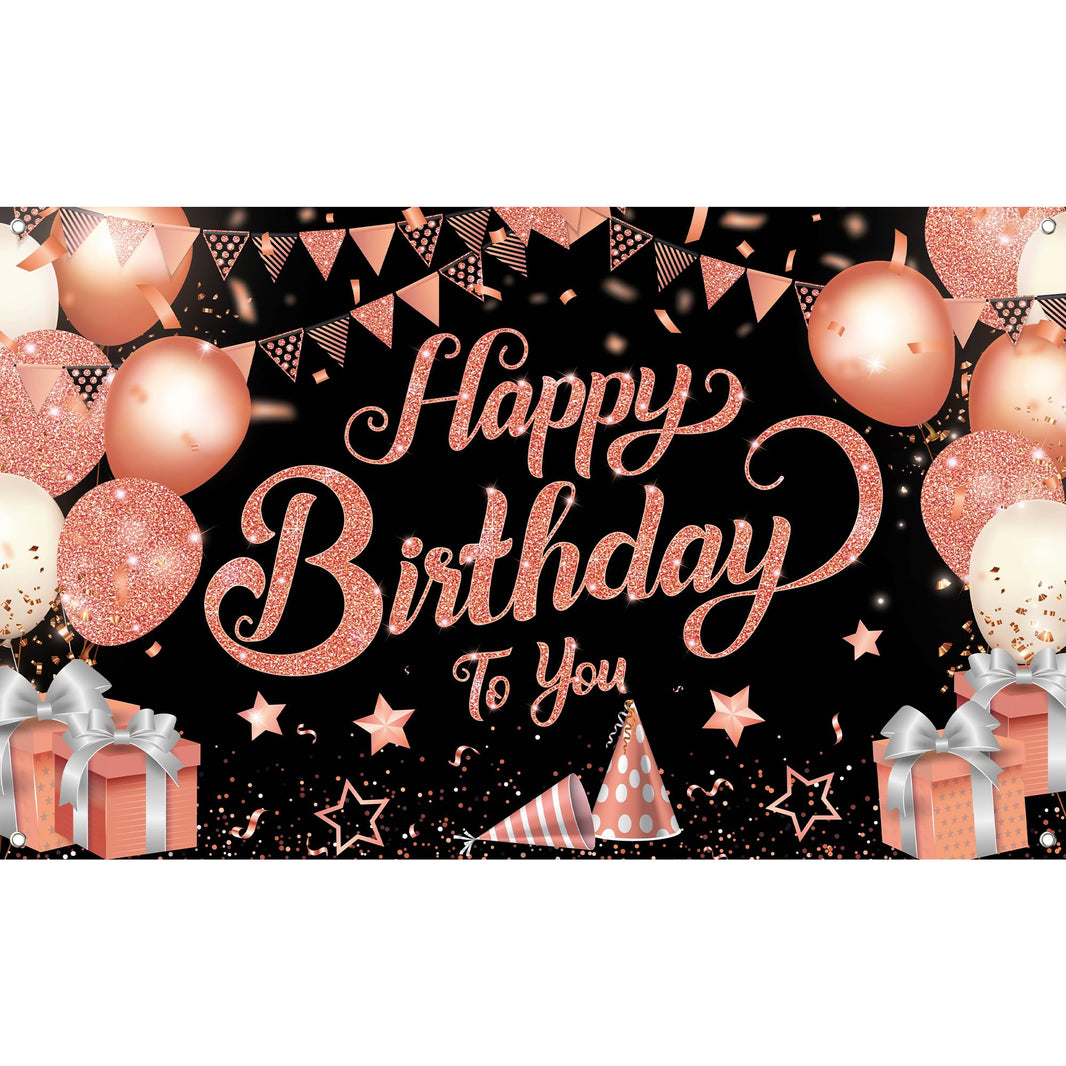 KatchOn, XtraLarge Rose Gold Happy Birthday Banner - 72x44 Inch | Black and Rose Gold Happy Birthday Decorations for Women | Rose Gold Party Decorations, Bday Backdrop for Girls