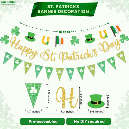 KatchOn, Glitter Gold Happy St. Patrick's Day Banner - 3 Strings, Pre-Strung, 10 Ft | St Patrick's Day Banner with Leprechaun Hat and flag Garland for St Patricks Day Decorations, Shamrock Decorations