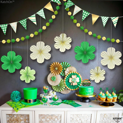 KatchOn, St Patricks Day Hanging Decorations Set - Pack of 9 | 13 Feet, St Patricks Day Garland, Shamrock Paper Fan for St Patricks Day Decorations | Shamrock Garland for Shamrock Decorations