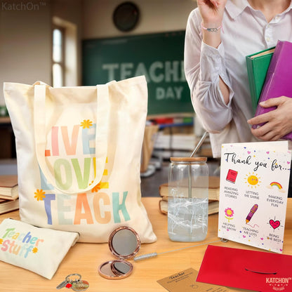 KatchOn Teacher Appreciation Gifts for Women - Unique Teacher Birthday and Back to School Thank You Gifts with Tumbler, Tote Bag, Pouch, Keychain, Bracelet, Compact Mirror, and Thank-You Card