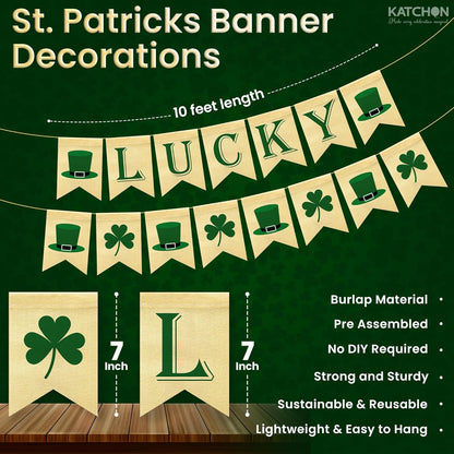 KatchOn, Lucky Shamrock Burlap Garland Banners - 10 Feet | St.Patrick's Day Decorations, Rustic Burlap Shamrock Clover Banner Garland for Irish Day, Home, Office, Party Supplies Décor