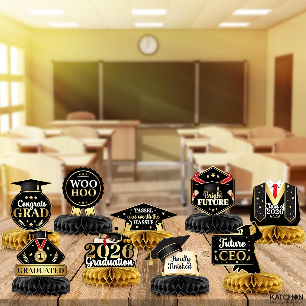 KatchOn, Black and Gold Graduation Centerpieces 2026 - Pack of 12 | Congrats Grad Honeycomb Centerpieces | Graduation Centerpieces For Tables 2026 | 2026 Graduation Decorations, Graduation Party Decor