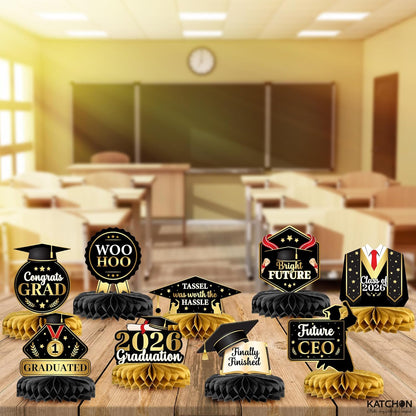 KatchOn, Black and Gold Graduation Centerpieces 2026 - Pack of 12 | Congrats Grad Honeycomb Centerpieces | Graduation Centerpieces For Tables 2026 | 2026 Graduation Decorations, Graduation Party Decor