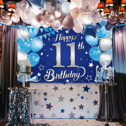 KatchOn, Blue and Silver 11th Happy Birthday Banner - Large, 72x44 Inch | 11th Backdrop Banner for Happy Birthday Decorations | Party Decorations for Boys, 11 Birthday Decorations for Boys