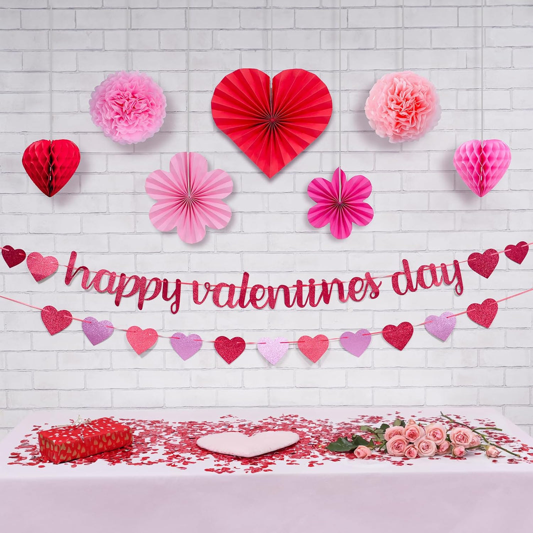 KatchOn, Happy Valentines Banner Set - Pack of 9 | Glitter Valentines Banner, 10 Feet | Heart Garland, Honeycomb Valentines Decorations | Hanging Honeycomb Hearts, Pink Valentines Decorations