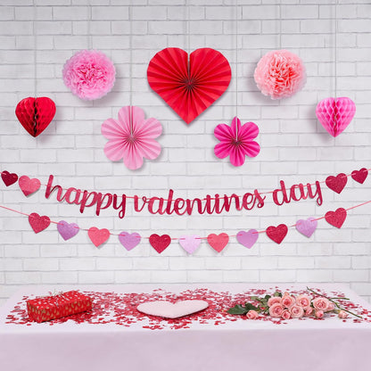 KatchOn, Happy Valentines Banner Set - Pack of 9 | Glitter Valentines Banner, 10 Feet | Heart Garland, Honeycomb Valentines Decorations | Hanging Honeycomb Hearts, Pink Valentines Decorations