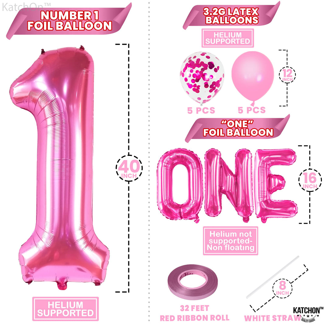 KatchOn, Hot Pink 1 Balloons for 1st Birthday - 40 Inch, Pack of 12 | Pink 1 Number Balloon, Pink First Birthday Decorations for Girl | Pink Party Decorations