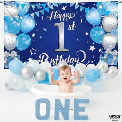 KatchOn, Happy 1st Birthday Banner - 72x44 Inch, Xtralarge | Blue and Silver First Birthday Backdrop for first Birthday Decorations for Boys | Happy Birthday Banner, 1st Birthday Decorations
