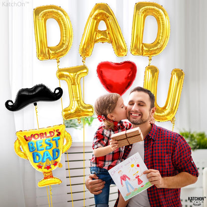 KatchOn, Fathers Day Balloons with Mustach - Giant 32 Inch, Pack of 8 | Gold I Love U Dad Balloons, Best Dad Trophy balloon | Happy Fathers Day Decorations for Party | Fathers day Foil balloons